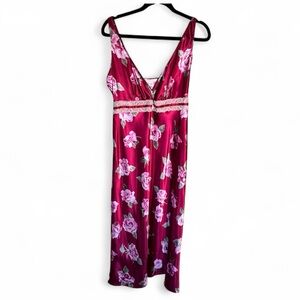 Vintage 90s California Dynasty Pink Floral Satin Slip Dress Womens M Ribbon